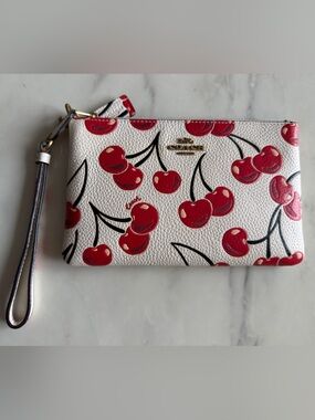Coach White Leather Wristlet with Red Cherry Print - Authentic